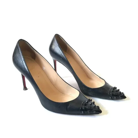 Christian Louboutin Geo Spike Pointed Toe Pumps Heels Womens 38.5 8.5 Black Stud - Picture 12 of 12